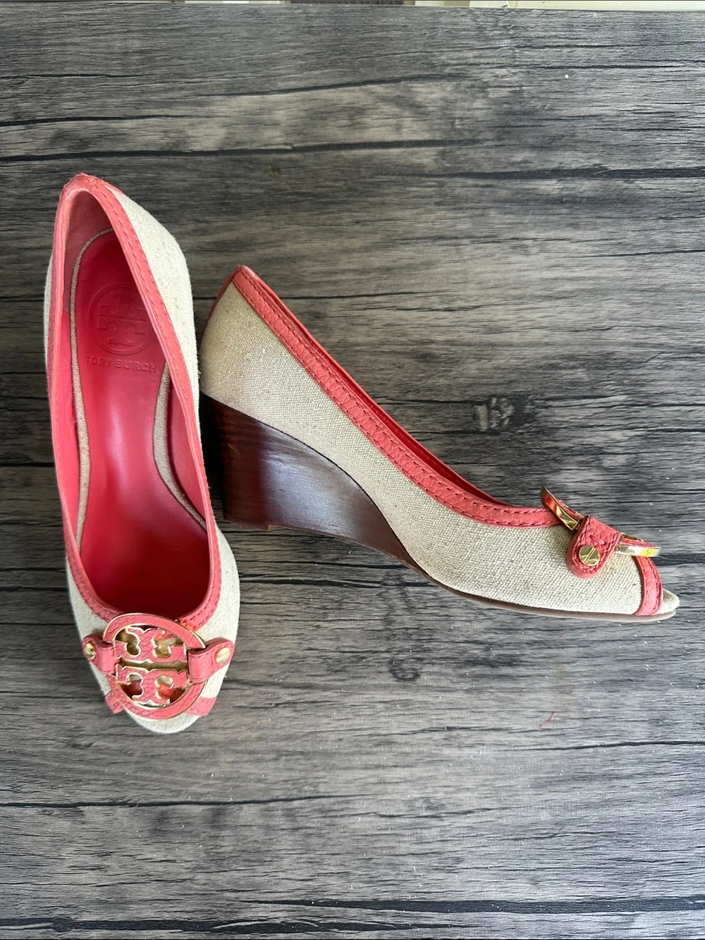 Tory Burch Coral-Trim Peep-Toe Wedges with Gold Logo